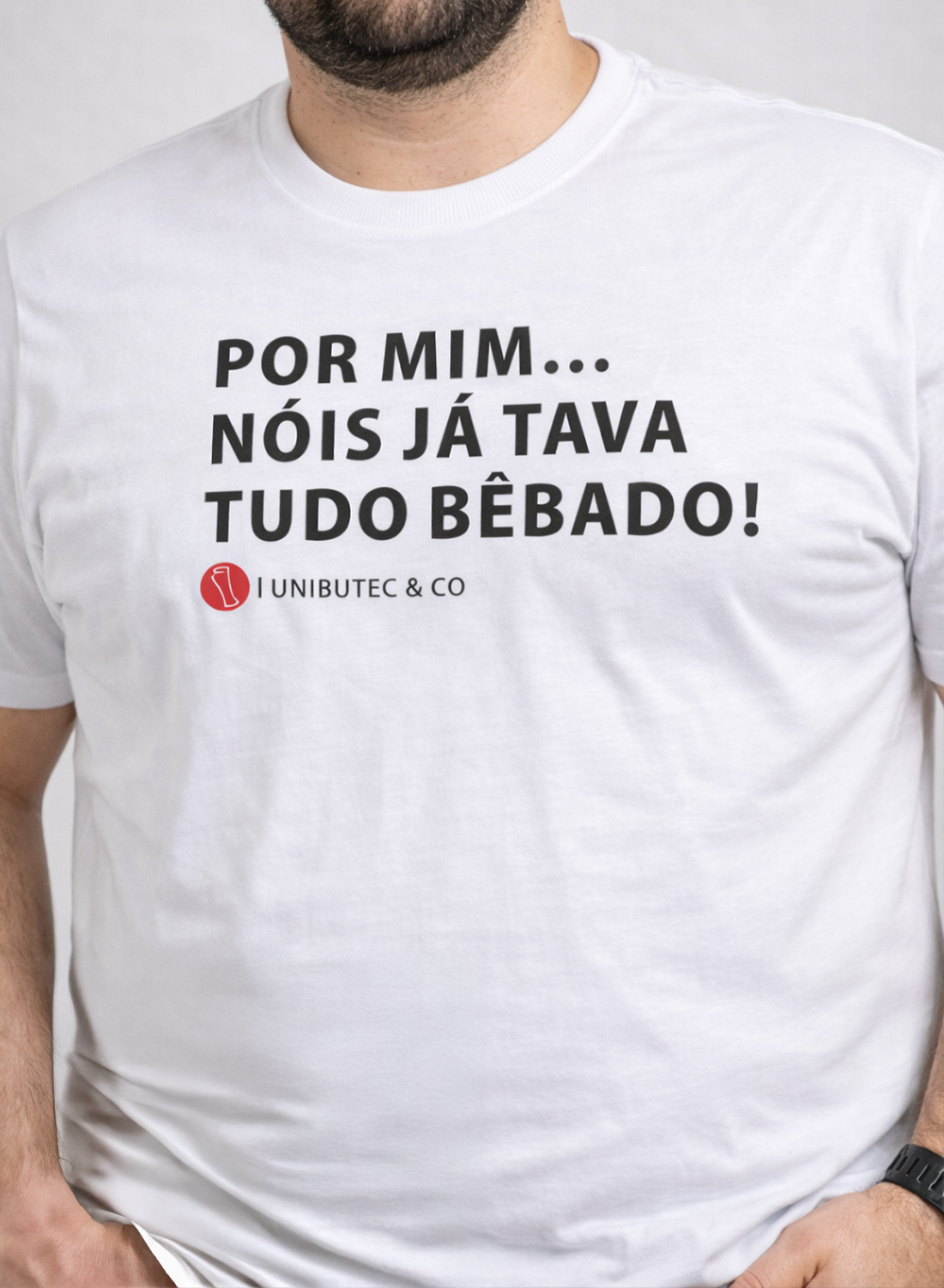 Camiseta Tudo Bêbado Branca Cerveja Unibutec masculina
